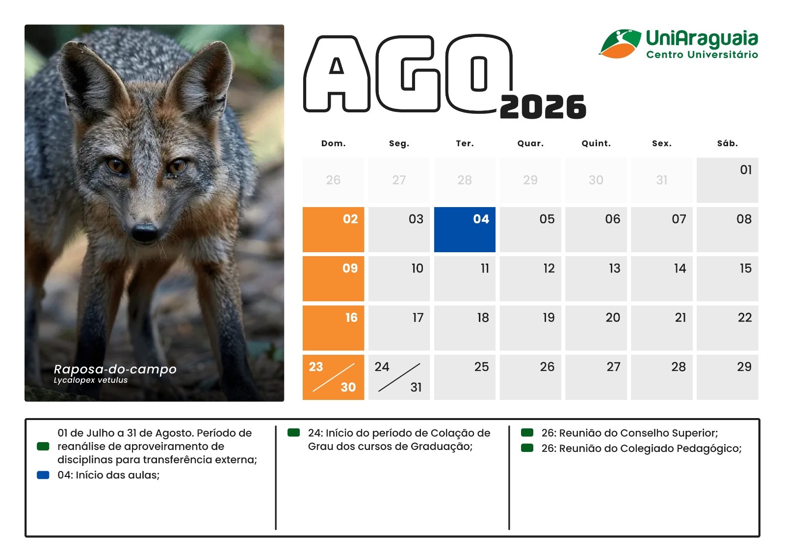 UniAraguaia - Calendário Acadêmico