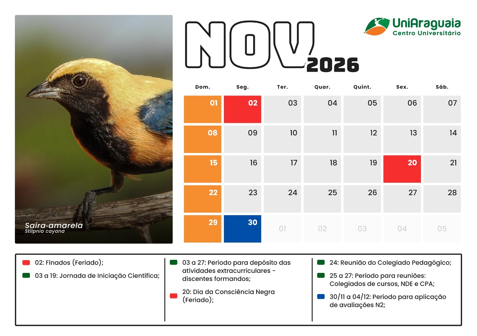 UniAraguaia - Calendário Acadêmico